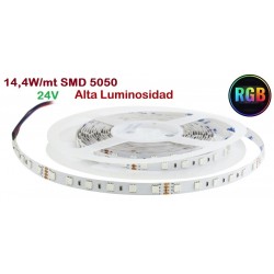 Tira LED 5 mts Flexible 24V 72W 300 Led SMD 5050 IP20 RGB Alta Luminosidad